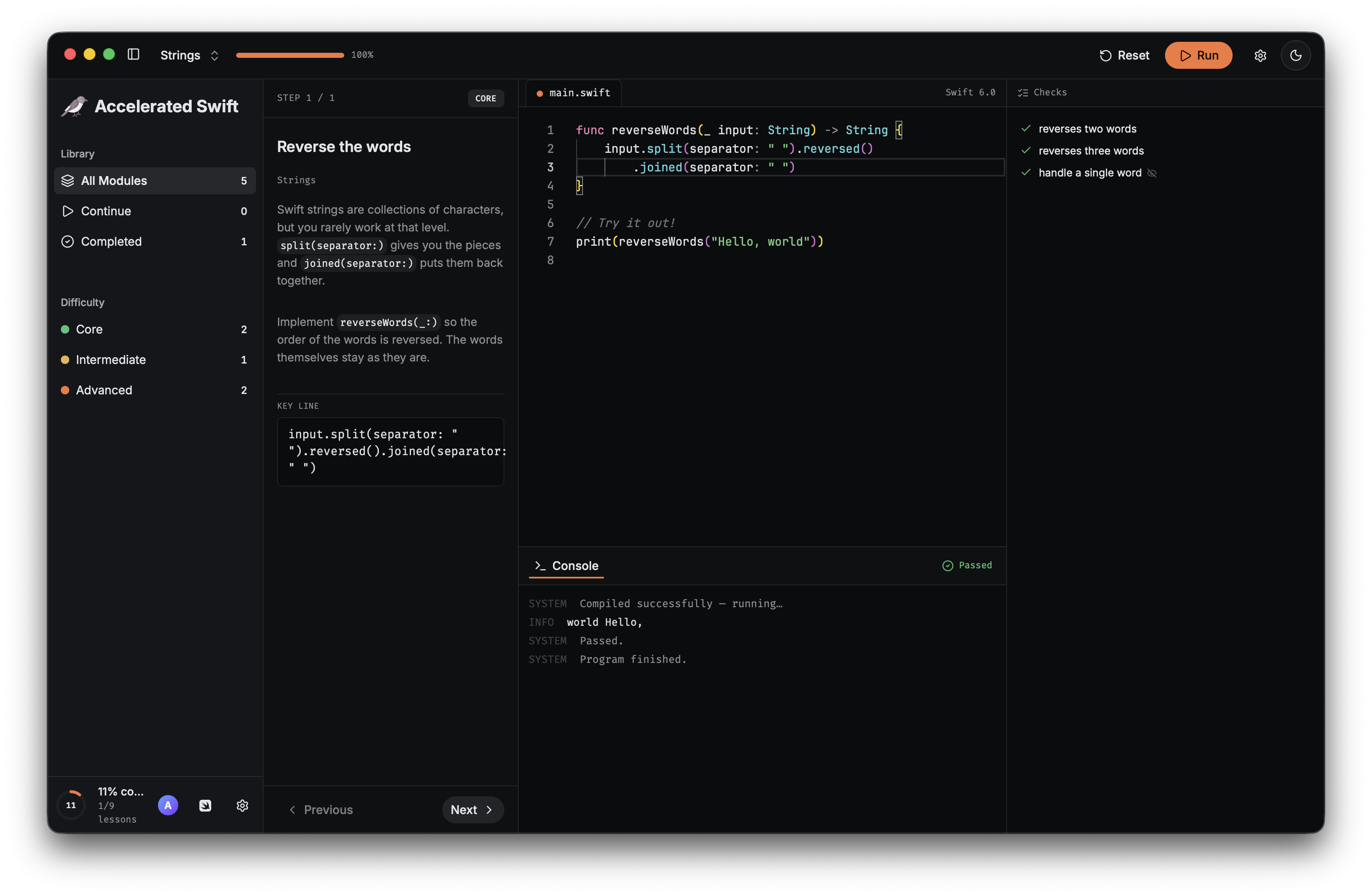 A Strings lesson passing all three checks, with the console showing the compiled program output.